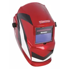 Auto-darkening welding helmet with nylon shell and black/red/white graphics. Features two arc sensors, analog ADF controls, W9-13 shade range, grind mode, and ratchet suspension adjustment. Viewing area is 3.82 in x 1.73 in. Used for protecting eyes and face during welding operations.