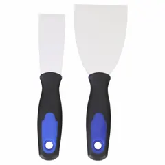This 2-piece set includes spreader and scraper tools with carbon steel blades for applying and smoothing putty, spackle, or filler, and for scraping paint, adhesive, or debris from surfaces. The handles are constructed of plastic with a rubber grip for comfort and control. Suitable for painting, drywall finishing, and general maintenance tasks.