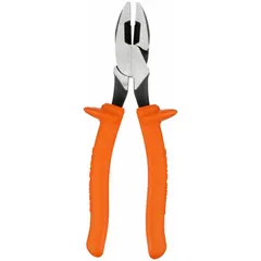 Insulated multipurpose lineman's pliers with a flat jaw profile, 1 5/8 in jaw length, and 1 3/8 in jaw width. Overall length 9 3/4 in, rated for 9–11 in. Features an ergonomic design and integrated screw cutter. Suitable for cutting, gripping, and bending wire in electrical and general maintenance tasks.