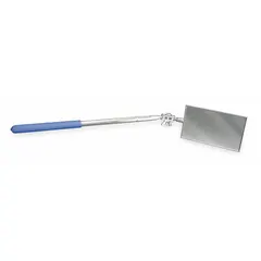 This inspection mirror features a 3 1/2 in L x 2 in W glass mirror set in a metal frame. It is used for viewing hard-to-see areas in machinery, engines, and confined spaces during automotive repair, industrial maintenance, and facility inspection tasks.
