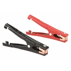 This booster clamp features a parrot jaw design for secure battery terminal connections. Constructed with steel contacts and vinyl insulation, it accepts 4 to 6 AWG cable and includes a screw for attachment. Rated for 12V/24V systems with a maximum current of 400 A, it is suitable for jump-starting and battery boosting applications in vehicles and equipment.