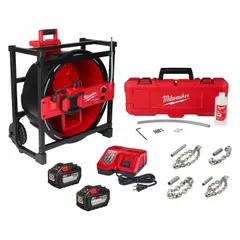 Cordless drum machine from the MILWAUKEE M18 Fuel system for clearing blockages in pipes from 1 1/2 in to 4 in diameter. Includes charger; operates on M18 battery platform.