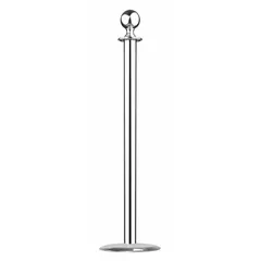 Steel sphere-top rope barrier receiver post with 37 5/8 in height. Features a satin chrome finish, flat base, and cast iron sphere. ADA compliant for spans of 36 in to 40 in. Used for crowd control and queue management in commercial spaces.