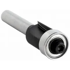 Carbide-tipped flush-trim profile router bit with a 1/2 in cutter diameter. Used for trimming laminate, veneer, or solid wood flush with a template or substrate in woodworking applications such as cabinet making and pattern routing.