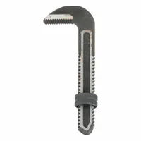 Replacement hook jaw and adjustment nut for pipe wrenches. Constructed from alloy steel with a serrated texture for gripping pipes and fittings. Suitable for plumbing, construction, and industrial maintenance tasks