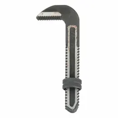 Replacement hook jaw and adjustment nut for pipe wrenches. Constructed from alloy steel with a serrated texture for gripping pipes and fittings. Suitable for plumbing, construction, and industrial maintenance tasks.