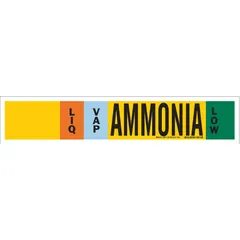 Ammonia adhesive pipe marker for low-pressure LIQ/VAP service. Fits 8 in and larger pipe outer diameter. Supplied without arrows. Suitable for identifying ammonia lines in industrial refrigeration systems to meet IIAR labeling requirements.
