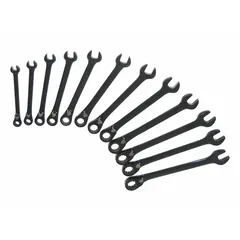 Alloy steel construction with black chrome finish. Set includes 12 metric wrenches from 8 mm to 19 mm. Features 12-point ratcheting box end, offset design for knuckle clearance, and reversing functionality. Comes in a tool roll for organized storage. Suitable for tightening and loosening metric fasteners in automotive, machinery, and industrial applications.