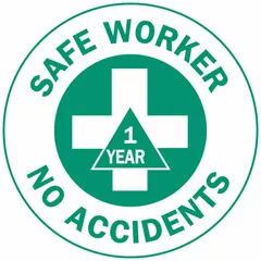 Non-reflective circle label for hard hats, recognizing one year of safe work without accidents. Diameter: 2 in. English text. Pack of 4 labels. Suitable for use in construction, manufacturing, and industrial environments to promote safety culture.