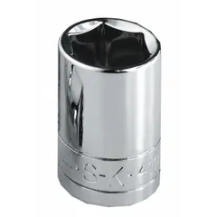 This 1/2" drive hand socket features a 15 mm metric size with a 6-point configuration for reduced fastener rounding. The chrome finish provides corrosion resistance. Suitable for tightening or loosening metric fasteners in automotive, machinery, and industrial applications.