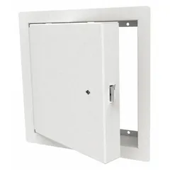 This steel locking access door measures 14 inches in height and width, featuring a piano hinge and exposed flange. It is designed for wall mounting and has a 16-gauge frame. The door is powder coated for a durable finish. Typical applications include providing secure, lockable access to wall-mounted equipment such as valves, electrical panels, or HVAC components in commercial and industrial settings.