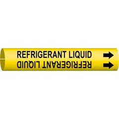 Yellow snap-on pipe marker with black legend 'Refrigerant Liquid' and directional arrows. Fits pipe outer diameters from 3/4 to 1-3/8 inches. Used to identify refrigerant liquid lines in piping systems, supporting clear content and flow direction indication.