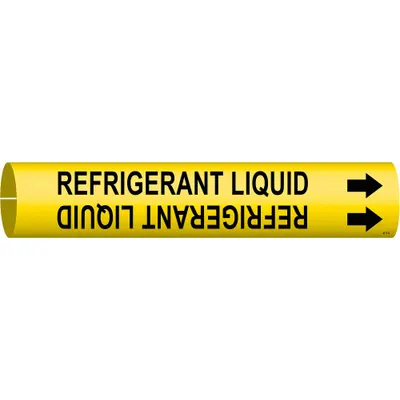 BRADY Pipe Marker: Refrigerant Liquid, Yellow, Black, Fits 3/4 to 1 3/8 in Pipe O.D. - Refrigerant Liquid Snap-On Pipe Markers