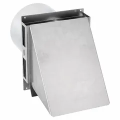 Round wall cap vent hood for terminating 6-inch round ductwork through an exterior wall. Constructed of 20-gauge 5052 aluminum with a silver finish. Features a press-fit connection and includes a screen to prevent pest entry. No backdraft damper. Suitable for residential and light commercial HVAC exhaust systems.