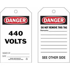 Black danger tags with red and white markings for electrical hazard identification. Each tag includes fields for date, signature, and remarks. Secured with a cable-tie fastener. Pack of 10 tags.
