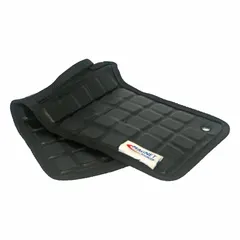 Flexible magnetic tool mat made of black synthetic leather. Measures 18 inches in length and 6 1/2 inches in width. Provides a magnetic surface to hold ferrous metal tools and parts, commonly used in workshops and garages for organizing wrenches, sockets, and screws.