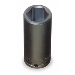 This 1/2" drive impact socket has a 1-1/2" SAE hex size and a 6-point deep design for secure engagement on large fasteners. The black oxide finish provides corrosion resistance. It is used with impact wrenches for fastening and loosening nuts and bolts in heavy-duty applications.