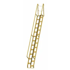 Steel alternating-tread stairs with yellow perforated treads. Overall height 17.5 ft, load capacity 350 lb. Designed for space-efficient access to elevated platforms, mezzanines, and equipment in industrial facilities.