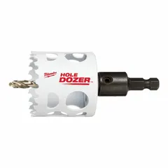 This 2-inch diameter hole saw features a bi-metal construction with 3.5 teeth per inch for cutting through wood, metal, and plastic. The attached arbor allows for quick mounting, and the maximum cutting depth is 1-5/8 inches. Suitable for general construction, electrical, and plumbing applications.