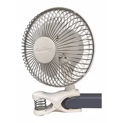 Clip-on fan with a 6-inch blade diameter, powered by 120V AC plug-in. Two-speed motor delivers non-oscillating airflow from 90 to 190 cfm. Suitable for spot cooling at workbenches, machinery, or in confined spaces where a direct breeze is needed.