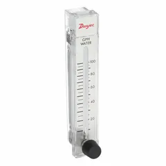 Variable area flowmeter for panel-mount water flow measurement. Vertical mounting orientation, Buna-N O-ring, 3% accuracy. Includes flow rate adjustment knob. Connections are FNPT.