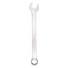This SAE 6-point combination wrench has a 3/4 in head size and an overall length of 9 3/4 in. It features a chrome finish and an offset design for improved access to fasteners in confined spaces. Suitable for tightening or loosening hex fasteners in mechanical maintenance and repair tasks.