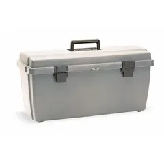 This FLAMBEAU plastic tool box features a hinged lid and a single compartment for storing hand tools, parts, and small equipment. The gray case measures 20 1/4 inches wide by 8 7/8 inches deep by 8 7/8 inches high. Suitable for workshops, garages, and job sites where portable storage is needed.