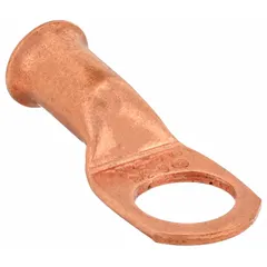 This straight side terminal lug is made of copper and accepts 6 ga wire. It fits a 3/8 in stud and supports both crimp and solder termination methods. Suitable for battery connections, power distribution, and electrical panel terminations.