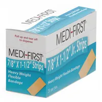 Fabric strip bandage, latex-free and non-sterile, measuring 1-1/2 inches in length by 7/8 inches in width. Supplied unitized in a box, it is not metal detectable and not water resistant, meeting Medical Device standards. Suitable for covering minor cuts, scrapes, and wounds in general first aid applications
