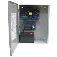 Steel-enclosed power supply board converting 115V AC input to 12VDC at 10A. Provides eight fused outputs for distributing regulated DC power in access control, security, and industrial control panels