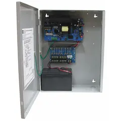 Steel-enclosed power supply board converting 115V AC input to 12VDC at 10A. Provides eight fused outputs for distributing regulated DC power in access control, security, and industrial control panels.