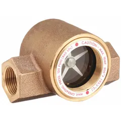 Bronze-bodied flow sight with impeller rotor for visual confirmation of gear lube flow in pipelines. Features a 1/4 in FNPT connection, tempered glass sight, Buna-N seal, and ABS wetted material. Designed for horizontal right flow direction.