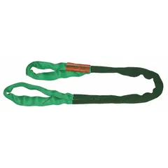 Polyester round sling with a polyester sleeve and nylon cover, 9 ft length. Designed for lifting and rigging heavy loads in industrial settings where abrasion resistance is required.