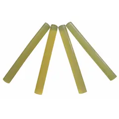 Yellow hot melt adhesive sticks for general purpose bonding. Each stick measures 7/16 inch in diameter and 4 inches in length, with a melting temperature of 176°F. Designed primarily for bonding paper, with secondary compatibility for leather. Sold in a 6-pack of 6-count packs.