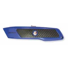 Automatic retracting utility knife with a textured metal body in black/blue finish. Overall width of 2 inches. Requires tools for blade changes. Suitable for cutting cardboard, plastic strapping, and packaging materials.