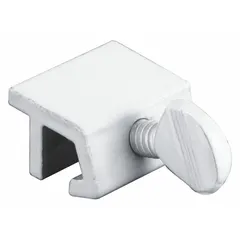 This non-handed clamp lock is designed for sliding windows, mounting on the sash with a 15/32 in overall length. It includes a handle and features a white, unfinished finish. Suitable for securing sliding windows in residential or light commercial applications.