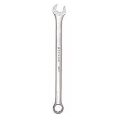 This combination wrench features a 9 mm 12-point box end and open end for tightening or loosening metric fasteners. Constructed of alloy steel with a chrome finish, it has an offset design and an overall length of 5 7/8 inches. Suitable for automotive repair, machinery maintenance, and general assembly tasks.