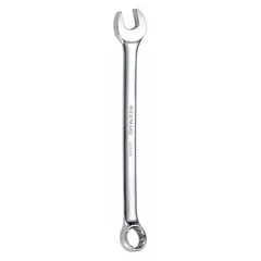 This SAE 12-point combination wrench is constructed from alloy steel with a chrome finish. It features a 3/8-inch head size and a 6 1/4-inch overall length with an offset design. The 12-point box end provides a secure grip on hex fasteners, while the open end allows for quick positioning. Suitable for tightening or loosening SAE fasteners in confined spaces.