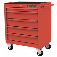 This light-duty rolling tool cabinet from WESTWARD measures 28 11/16 inches wide by 18 1/8 inches deep by 33 7/8 inches high. It features a red cabinet with red drawers, providing organized storage for hand tools, power tools, and small parts. Suitable for use in workshops, garages, and industrial maintenance areas as a mobile workstation.