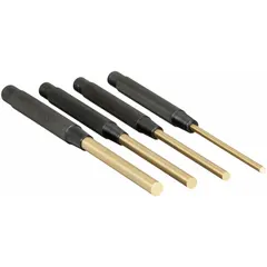 This set includes four brass flat-tip punches with tip diameters of 3/16 in, 1/4 in, 5/16 in, and 3/8 in, and a 3 1/2 in punch taper length. The non-sparking brass construction makes it suitable for use in environments where sparking must be avoided, such as during maintenance of SAE fasteners.