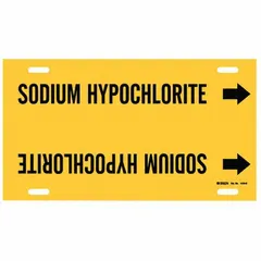 This strap-on pipe marker identifies pipes carrying sodium hypochlorite. It features a yellow background with black legend text and includes directional arrows. Designed to fit pipe outer diameters of 8 to 9-7/8 inches. Suitable for use in industrial facilities requiring clear pipe content identification.