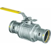 This manual two-way ball valve features a carbon steel body with Press x Press connections and a locking lever handle. It is used in commercial and industrial piping systems for on/off flow control of water, oil, and gas. The locking lever provides tamper-resistant operation