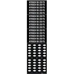 Black adhesive pipe markers with white legend text reading 'Nitrogen 180-200 PSI'. Designed for pipes with outer diameter of 3/4 inch and smaller. Each pack contains 3 markers with directional arrows. Used to identify nitrogen lines operating at 180-200 PSI in industrial piping systems.