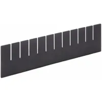 This black plastic divider is designed for use with the LEWISBINS DC2050-XL container. It measures 15 1/4 inches by 4 1/2 inches and helps organize and separate components within the bin, reducing part mixing and maintaining ESD-safe conditions in electronics assembly or manufacturing environments