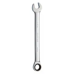This SAE 12-point ratcheting combination wrench is constructed from alloy steel with a chrome finish. It features a 1-5/8 in head size and an overall length of 22-5/8 in. The wrench is suited for tightening or loosening fasteners in industrial maintenance, repair, and assembly tasks where a 12-point ratcheting action facilitates access and torque application.
