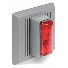 Wall-mount horn alarm with integrated strobe light for audible and visual notification. Operates at 120V AC with wire-lead connections. Dimensions: 5 1/2 in width, 5 1/2 in length, 5/8 in height. Suitable for use in facility safety and emergency signaling systems.