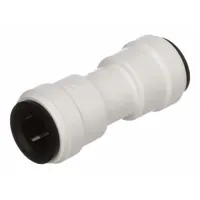 Straight polysulfone push-to-connect tube fitting with 3/8 in OD x 3/8 in OD size and push-to-connect x push-to-connect ends. Used for connecting tubing in pneumatic, water, or low-pressure fluid systems without tools