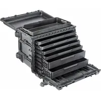 This black plastic rolling tool box features a hinged lid and 7 compartments for organizing and transporting tools and equipment. Suitable for job sites and industrial environments requiring portable storage