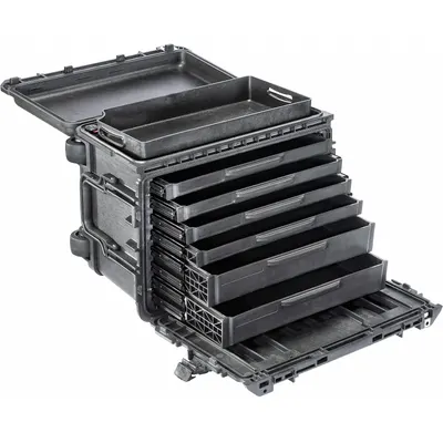 PELICAN 0450SD6 Plastic Rolling Tool Box, Black, Hinged Lid, 7 Compartments - Plastic Rolling Tool Boxes