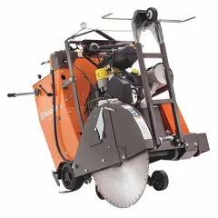This walk-behind concrete saw is powered by a 4-cycle gasoline engine with electric start. It is designed for wet cutting and accepts a 30 in blade, achieving a maximum cutting depth of 12 3/8 in. Typical applications include cutting concrete, asphalt, and masonry for road repair, slab demolition, and utility trenching.